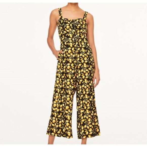LOFT Black Yellow Lemon Print Jumpsuit Spaghetti Strap Button Up Wide Crop Leg S - Picture 2 of 10